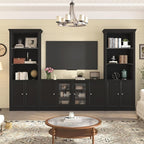 128.2" W Wall Unit Entertainment Center with Bookshelves for TVs up to 80", Multifunctional TV Stand Media Console with Tempered Glass Cabinets and Adjustable Shelves for Living Room (Black-1.28)