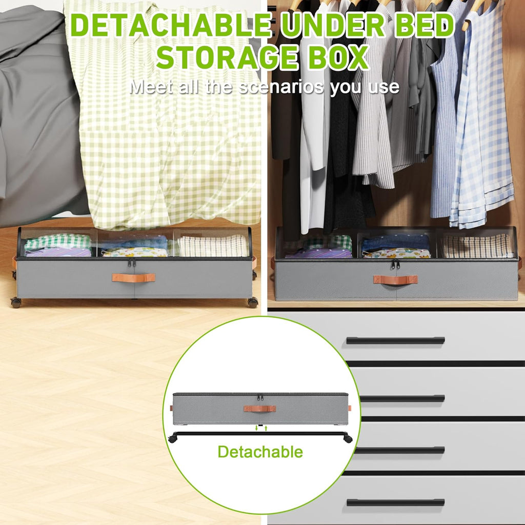 Under Bed Storage with Wheels, 1 Pack Under Bed Storage Container with Dividers & Clear Lids, Under the bed storage Organizer Bins,Underbed Storage with Wheels for Clothes,Toys,Shoes (GREY, 1 Pack)
