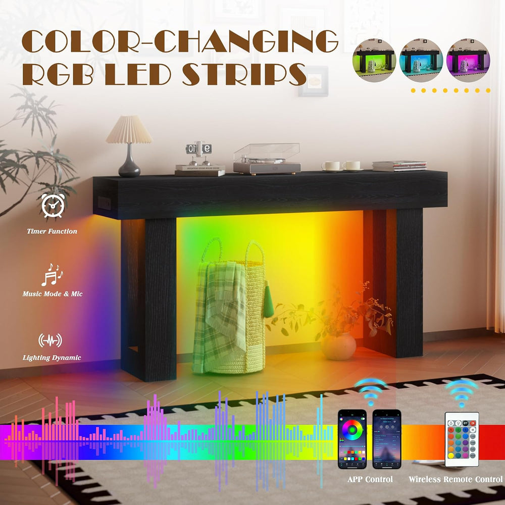 63" Extra-Long Modern Console Table with Charging Station, RGB LED Light...
