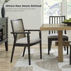 Signature Design by Ashley Galliden Rustic Solid Wood Upholstered Dining Arm Chair with Faux Cane Backrest, Set of 2, Light Brown & Black