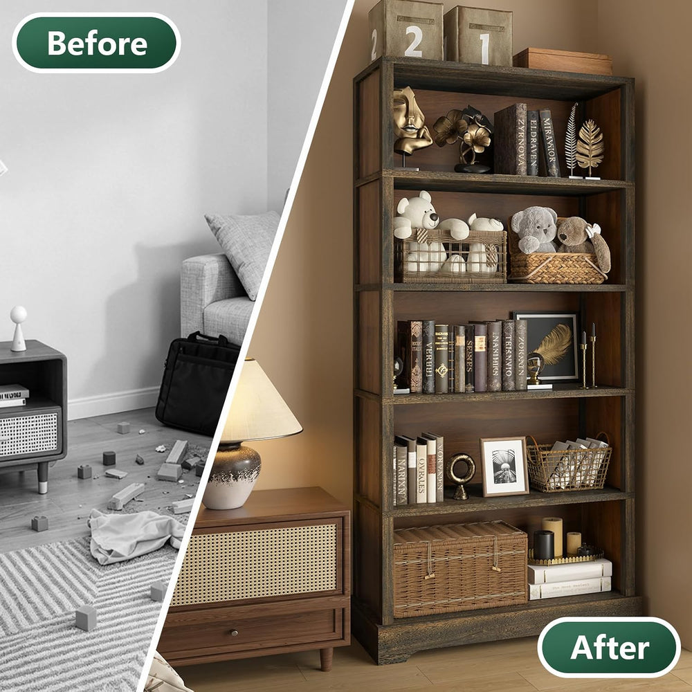 TVU 5 Tiers Wooden Bookshelf, 65.2" Tall Farmhouse Style Open Bookcase, ...