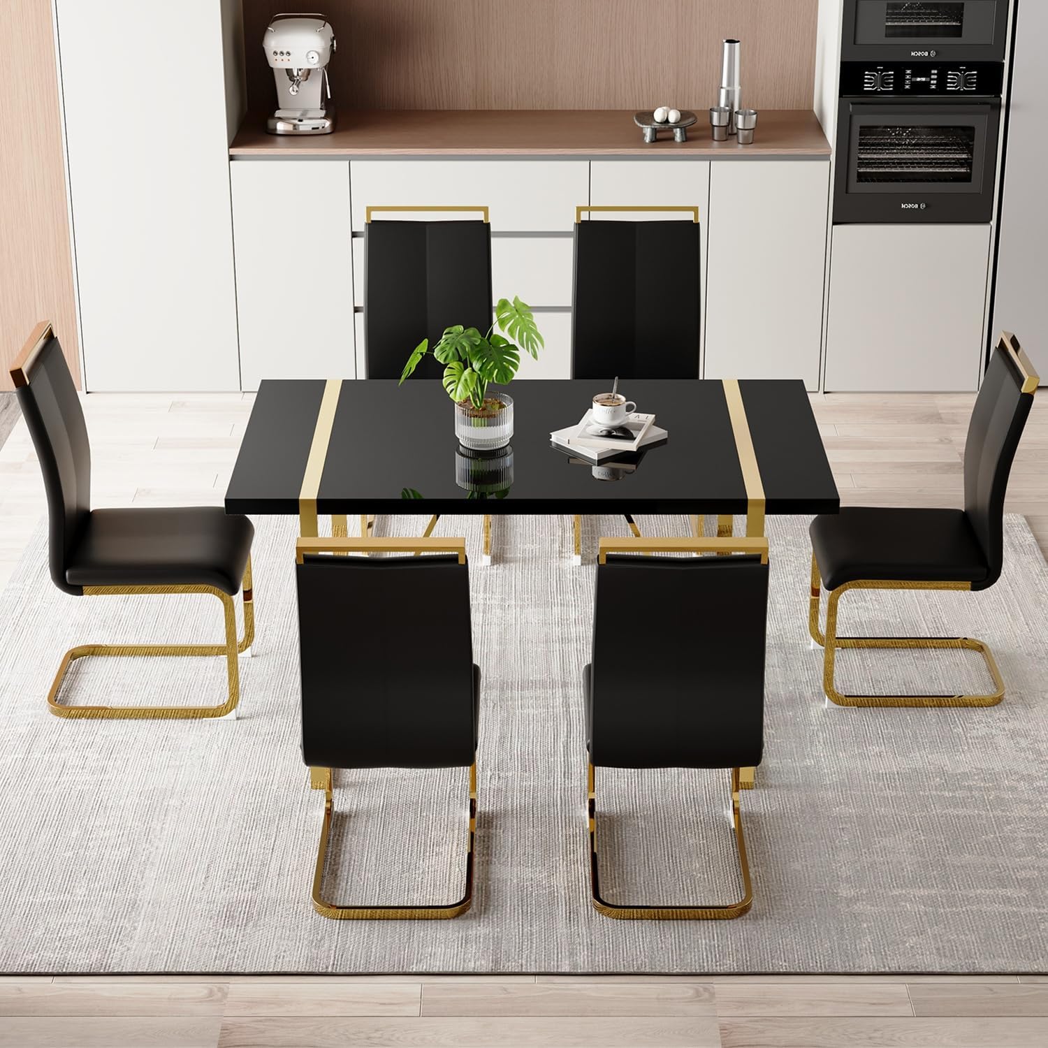 Modern Dining Table Set for 6, 55" Black Dining Table Set with 6 Faux Leather Chairs, Black Glossy Tabletop with Golden Stainless Steel Legs, 7 Piece Dinning Set Ideal for Small Space