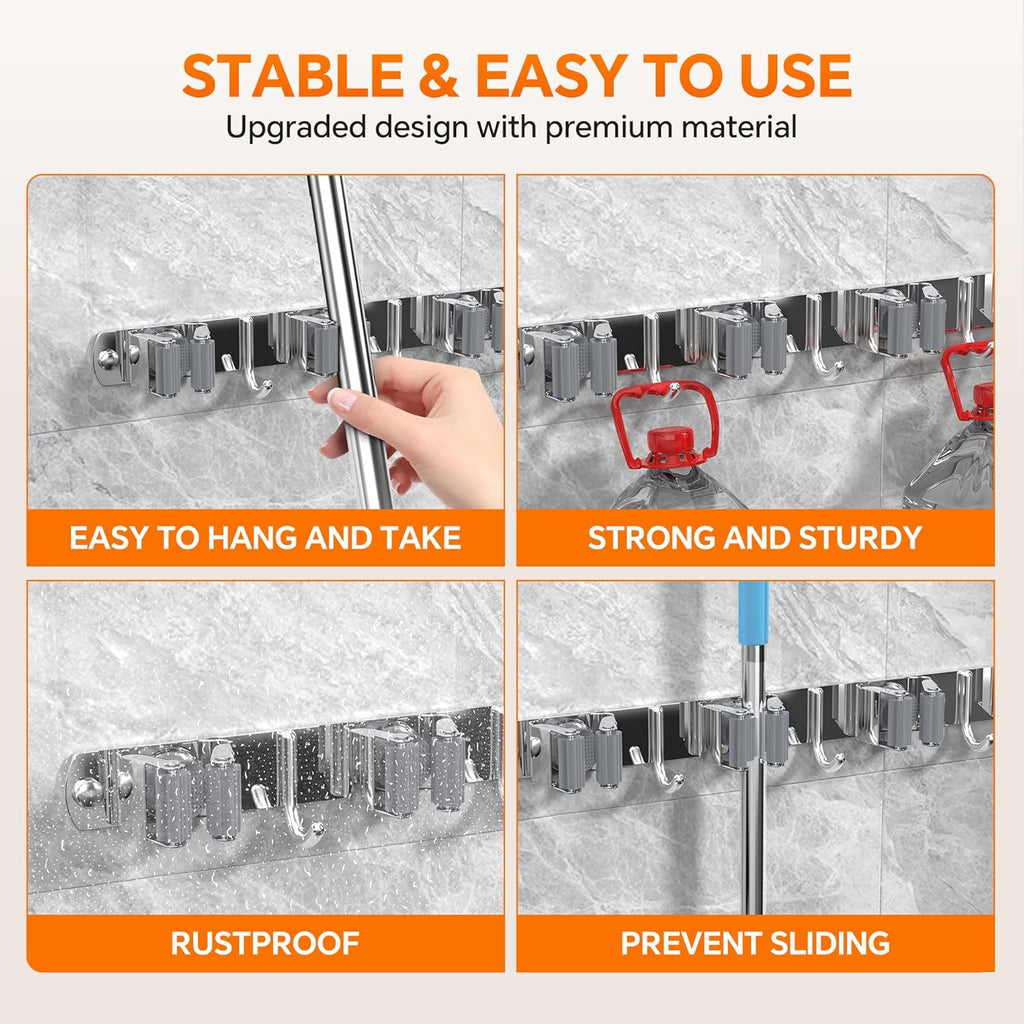 5 Grippers Broom Holder Wall Mount with 4 Hooks Stainless Steel Mop and Broom Organizer Self Adhesive or Screw Fixing for Garden Tool Rack Closet Laundry Room Kitchen Garage Storage Utility Hook