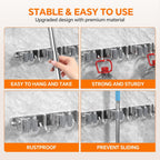 5 Grippers Broom Holder Wall Mount with 4 Hooks Stainless Steel Mop and Broom Organizer Self Adhesive or Screw Fixing for Garden Tool Rack Closet Laundry Room Kitchen Garage Storage Utility Hook
