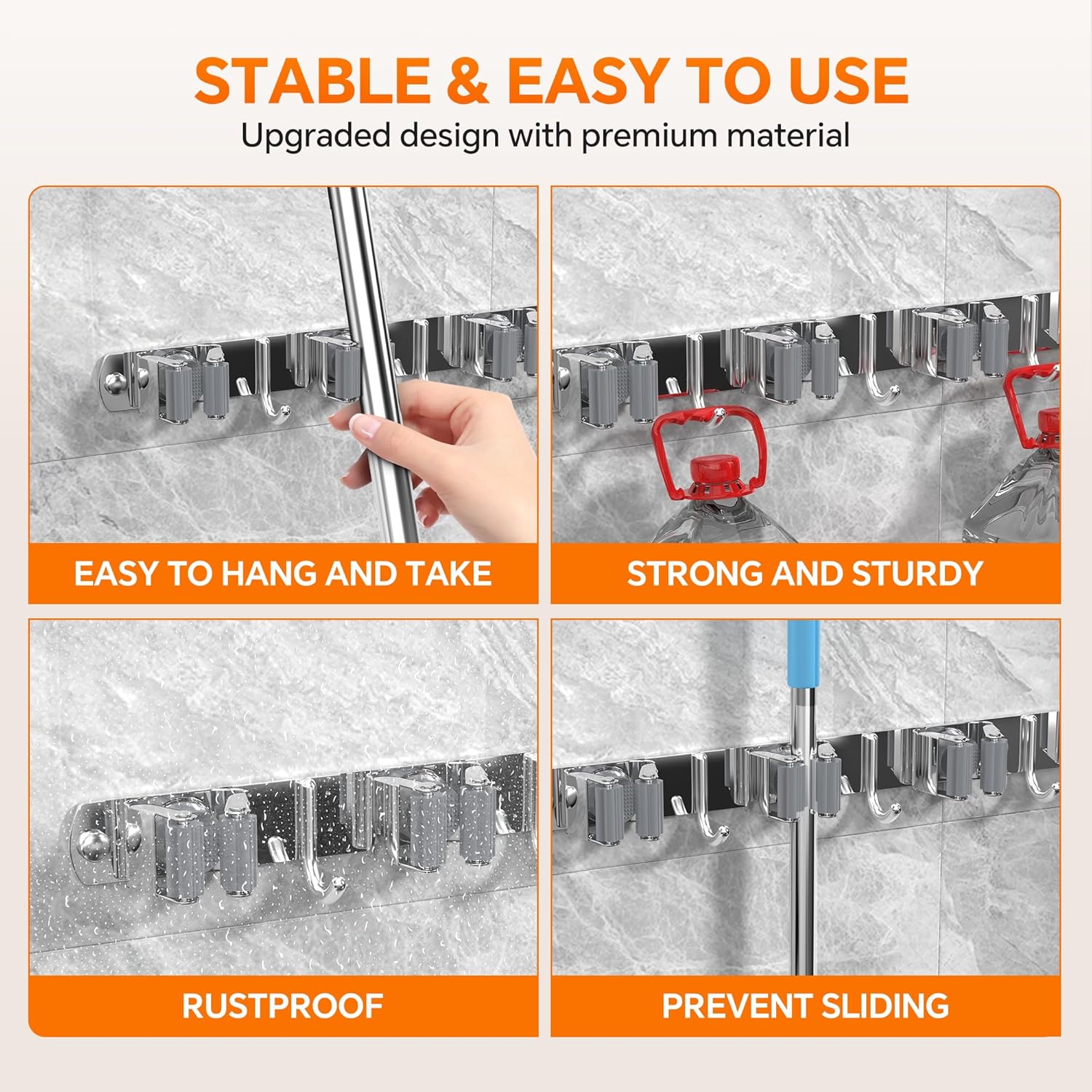 5 Grippers Broom Holder Wall Mount with 4 Hooks Stainless Steel Mop and Broom Organizer Self Adhesive or Screw Fixing for Garden Tool Rack Closet Laundry Room Kitchen Garage Storage Utility Hook