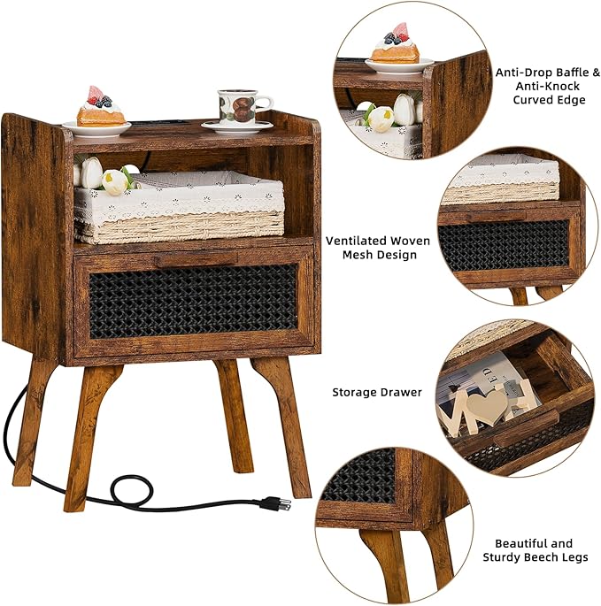 Lerliuo Rattan Nightstand with Charging Station, Side Table with Drawer Open ...