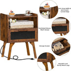 Lerliuo Rattan Nightstand with Charging Station, Side Table with Drawer Open Shelf, Cane Accent Bedside End Table with Solid Wood Legs, Night Stand for Bedroom, Dorm and Small Spaces (Brown)