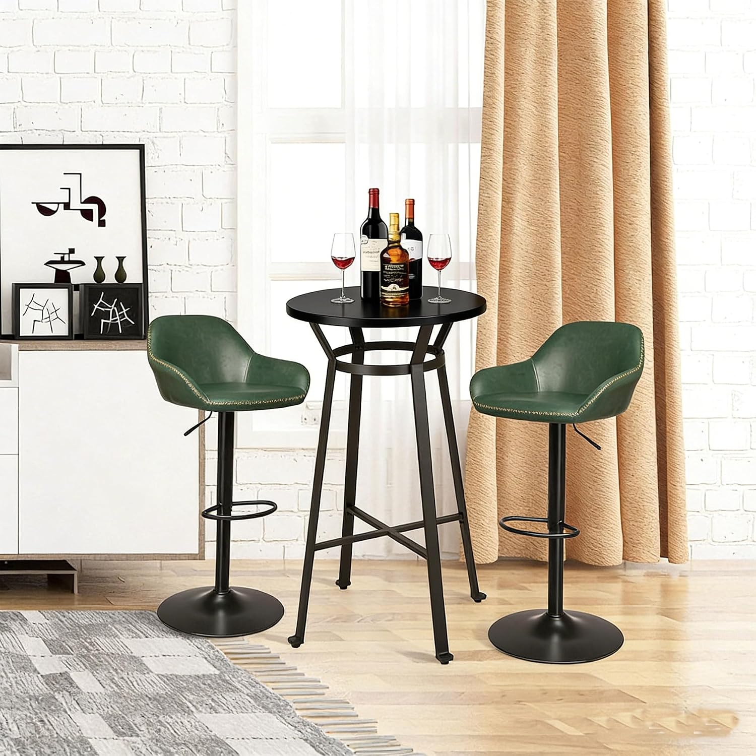 Glitzhome Bar Table and Chairs Set, Round Black Steel Pub Table with Soild Elm Wood Top and Bar Height Adjustable Swivel PU Leather Bar Stool for Breakfast Nook Living Room Small Space Restaurant