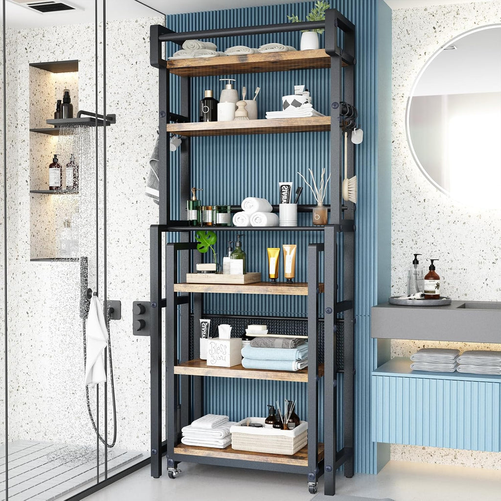 Recaceik 6-Tier Over The Toilet Storage Shelf with Cart, Freestanding Above Toilet Shelf Rack, Farmhouse Bathroom Organizer Shelves, Space Saver (Brown)