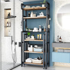 Recaceik 6-Tier Over The Toilet Storage Shelf with Cart, Freestanding Above Toilet Shelf Rack, Farmhouse Bathroom Organizer Shelves, Space Saver (Brown)