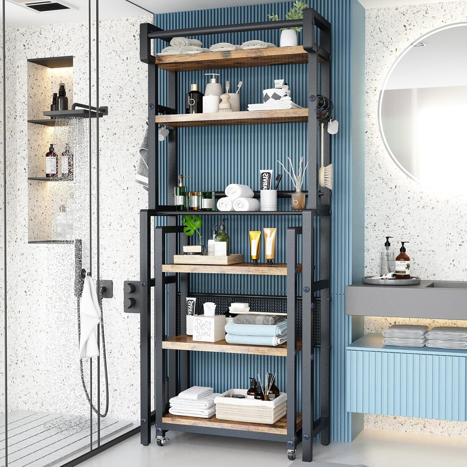 Recaceik 6-Tier Over The Toilet Storage Shelf with Cart, Freestanding Above Toilet Shelf Rack, Farmhouse Bathroom Organizer Shelves, Space Saver (Brown)