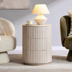 JXQTLINGMU Fluted Nightstand Set of 2 with 3 Push-to-Open Drawers, 24" Tall Round Side Table, Modern Wood End Table for Bedroom, Living Room or Small Spaces, White Alder