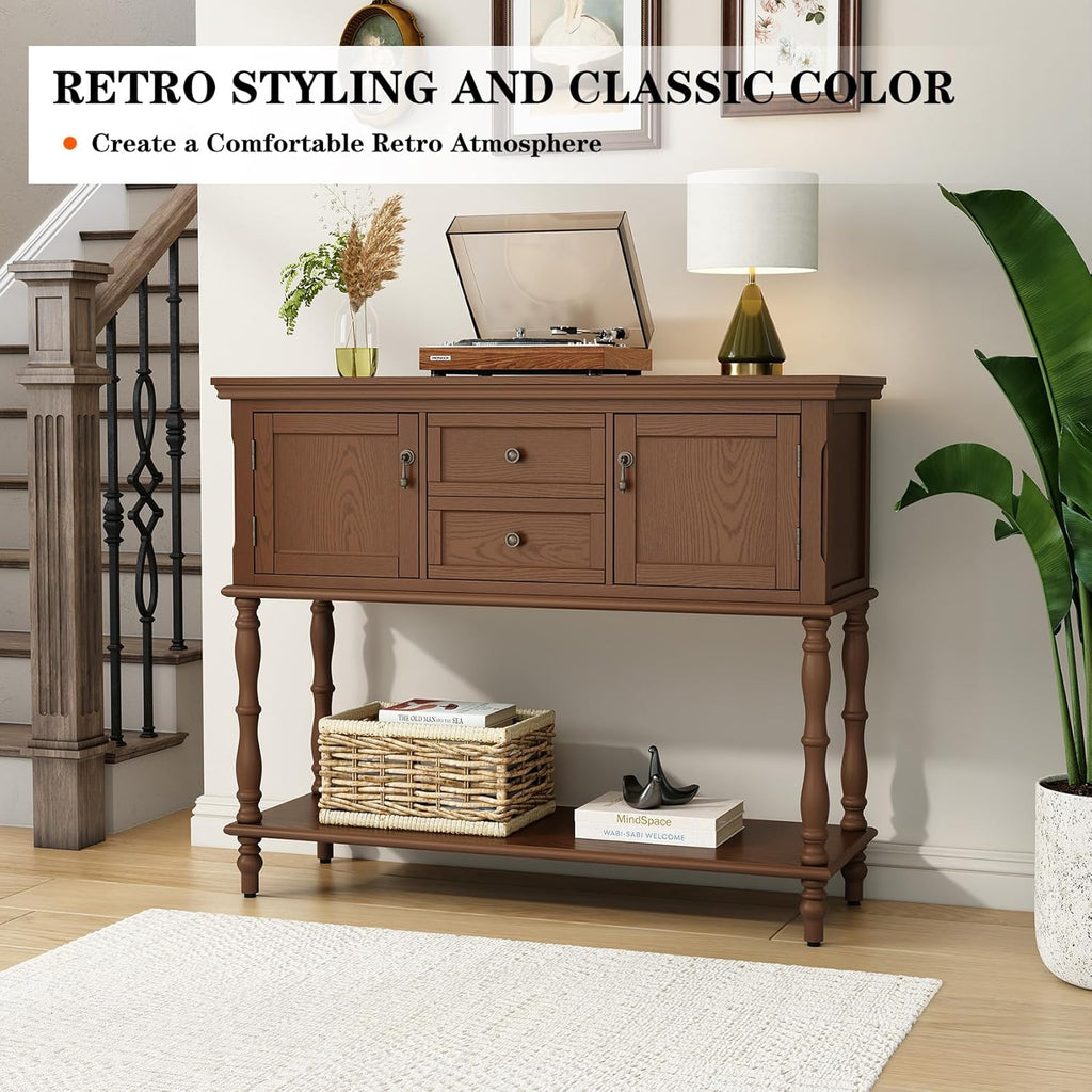 ARTPOWER Console Table with 2 Drawers, Retro Entryway Table with 2 Door | Solid Wood Veneer Entry Table, Behind Couch Sofa Table with Open Storage Shelf for Living Room, Foyer, Hallway