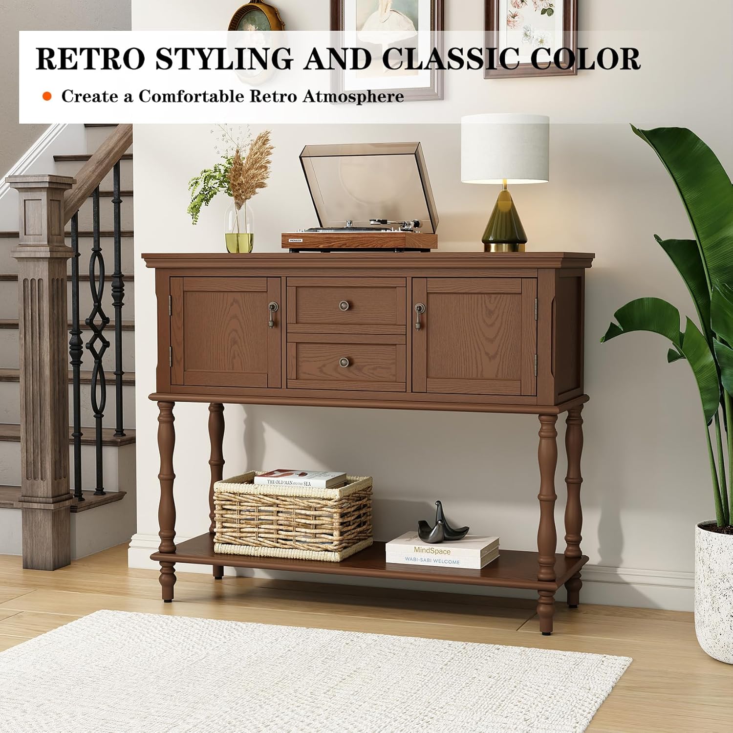 ARTPOWER Console Table with 2 Drawers, Retro Entryway Table with 2 Door | Solid Wood Veneer Entry Table, Behind Couch Sofa Table with Open Storage Shelf for Living Room, Foyer, Hallway