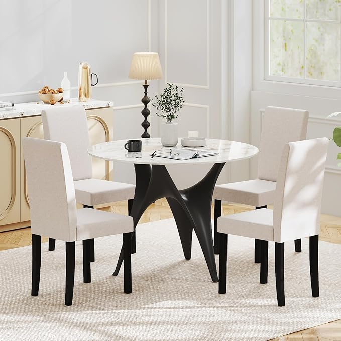 Giantex Upholstered Dining Chair Set of 4, Mid Century Modern Fabric Kitchen Chairs with Rubber Wood Legs, Thick Padded Seat, High Back, Side Armless Chairs for Living Dining Room (Beige)