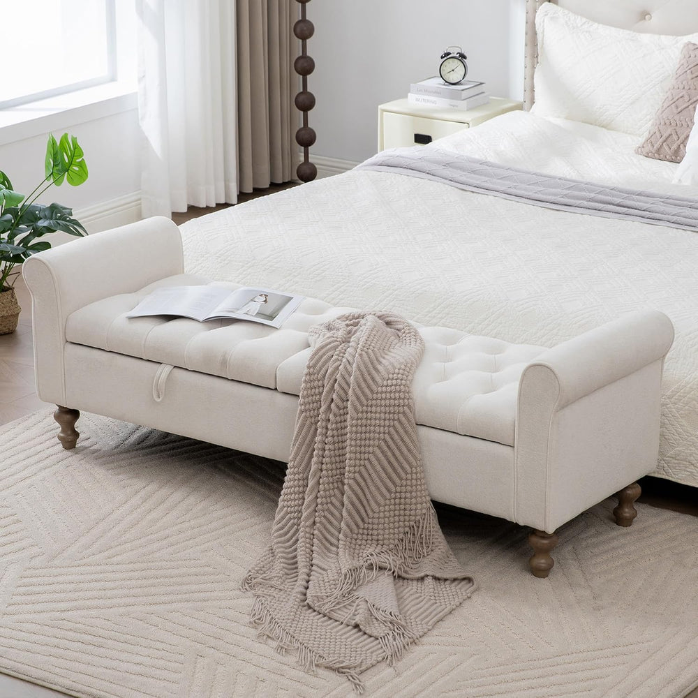 66" End of Bed Storage Bench King Size Beige,Napped Fabric Window Bench ...