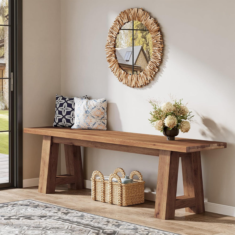 55" Solid Wood Entryway Bench, Farmhouse Long Wood Bench Dining Seat for...