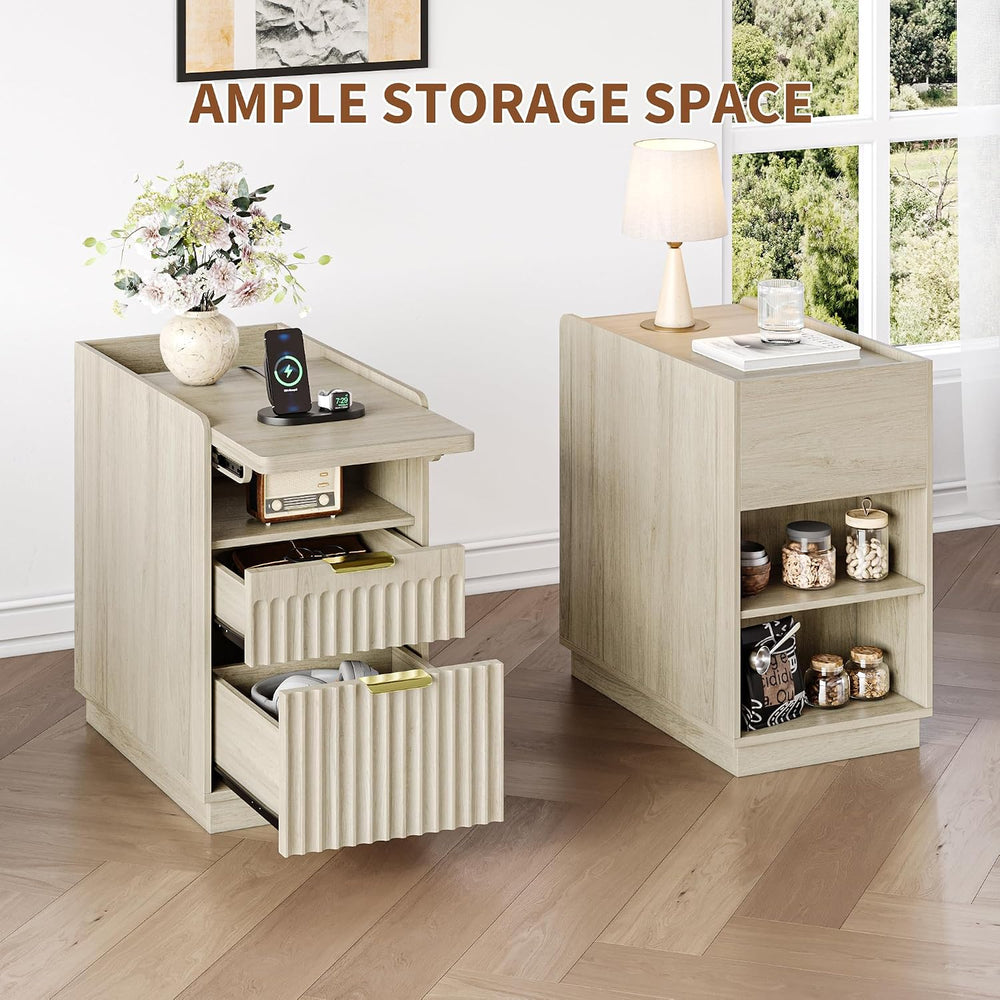 iPormis Fluted End Table Set of 2 with Charging Station, 2 Drawers Narrow Sid...