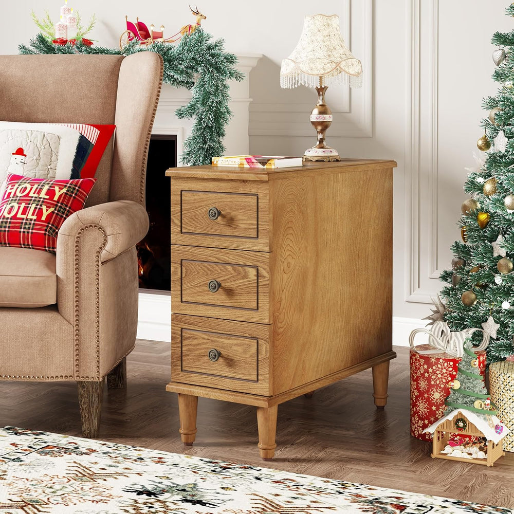 Tribesigns Solid Wood End Table, Fully Assembled Narrow Side Table with Drawe...