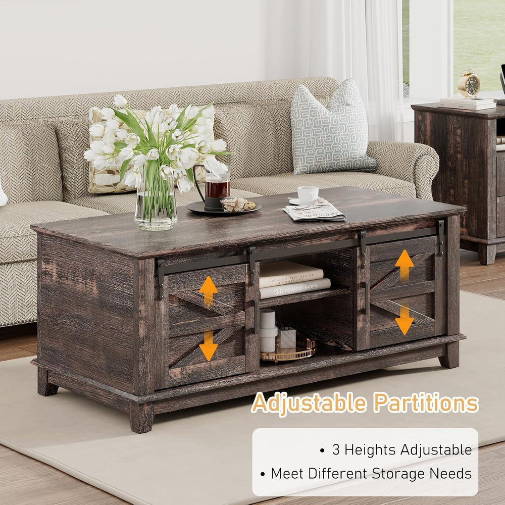 LUXOAK Farmhouse Table Set of 3, Coffee Table with Sliding Barn Doors, End Ta...