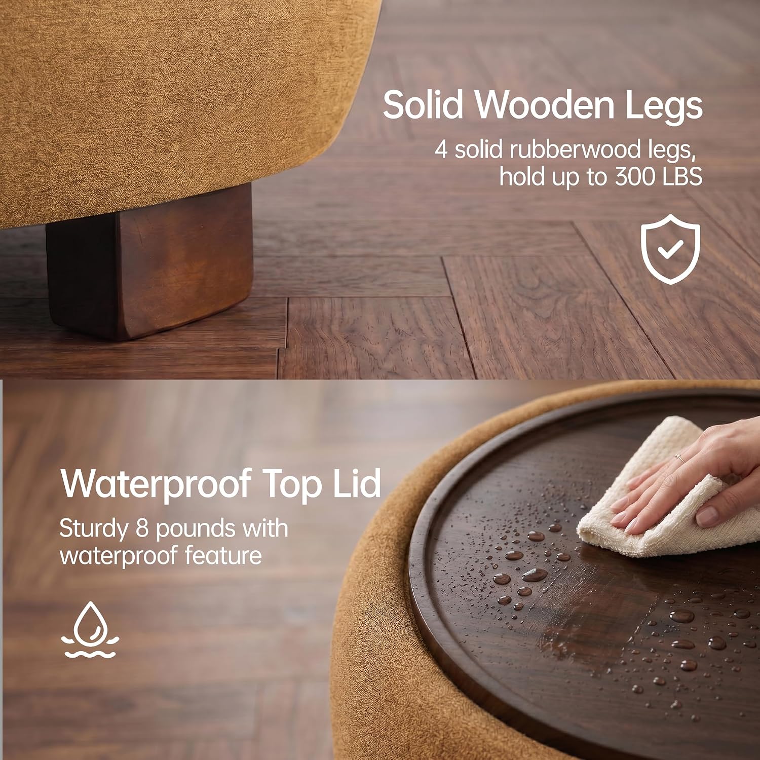 VKNOW 30" Round Storage Ottoman Coffee Table, Ottoman with Sotrage with Lift-Off Lid and Solid Wood Legs, Coffee Tables for Living Room, Bedroom, Apartments, Corners, Orange