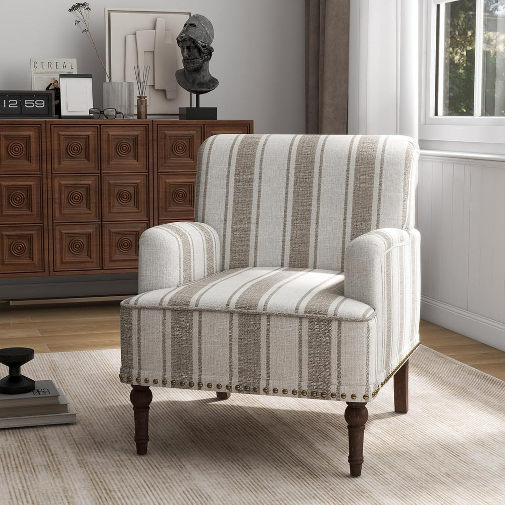 Stripe Accent Chair, Fabric Upholstered Armchair Modern Nailhead Trim Club Ar...