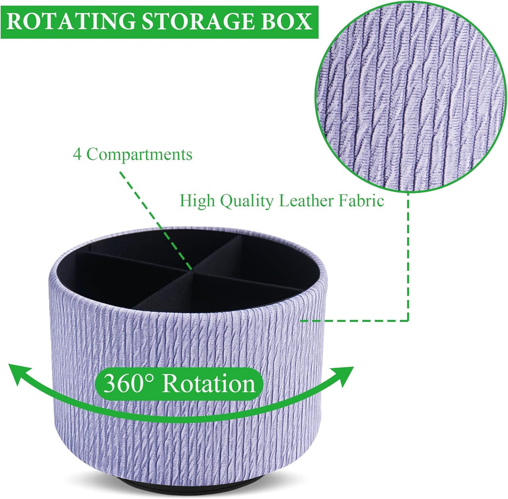 Round Leather Art Supply Organizer,Remote Control Holder,360 Degree Spinning,Multi-Functional Pencil Holder,4 Compartments Desktop Stationary Organizer(1-Wood Blue Purple)