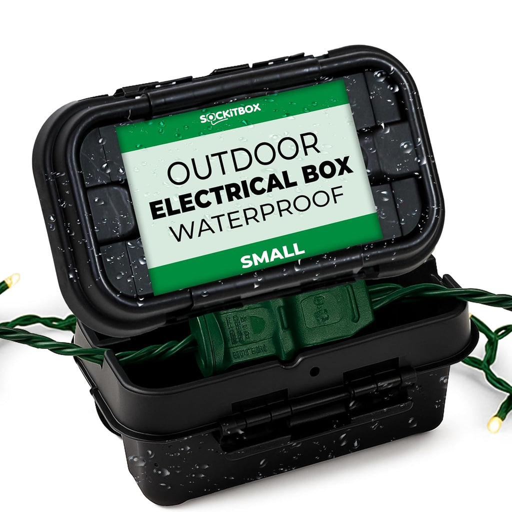 Sockitbox Original Outdoor Electric Box Waterproof - Small Outdoor Extention Cord Cover with 6 Cable Entry Waterproof Enclosure for Power Strips, Plugs, Timers, Lights - Black