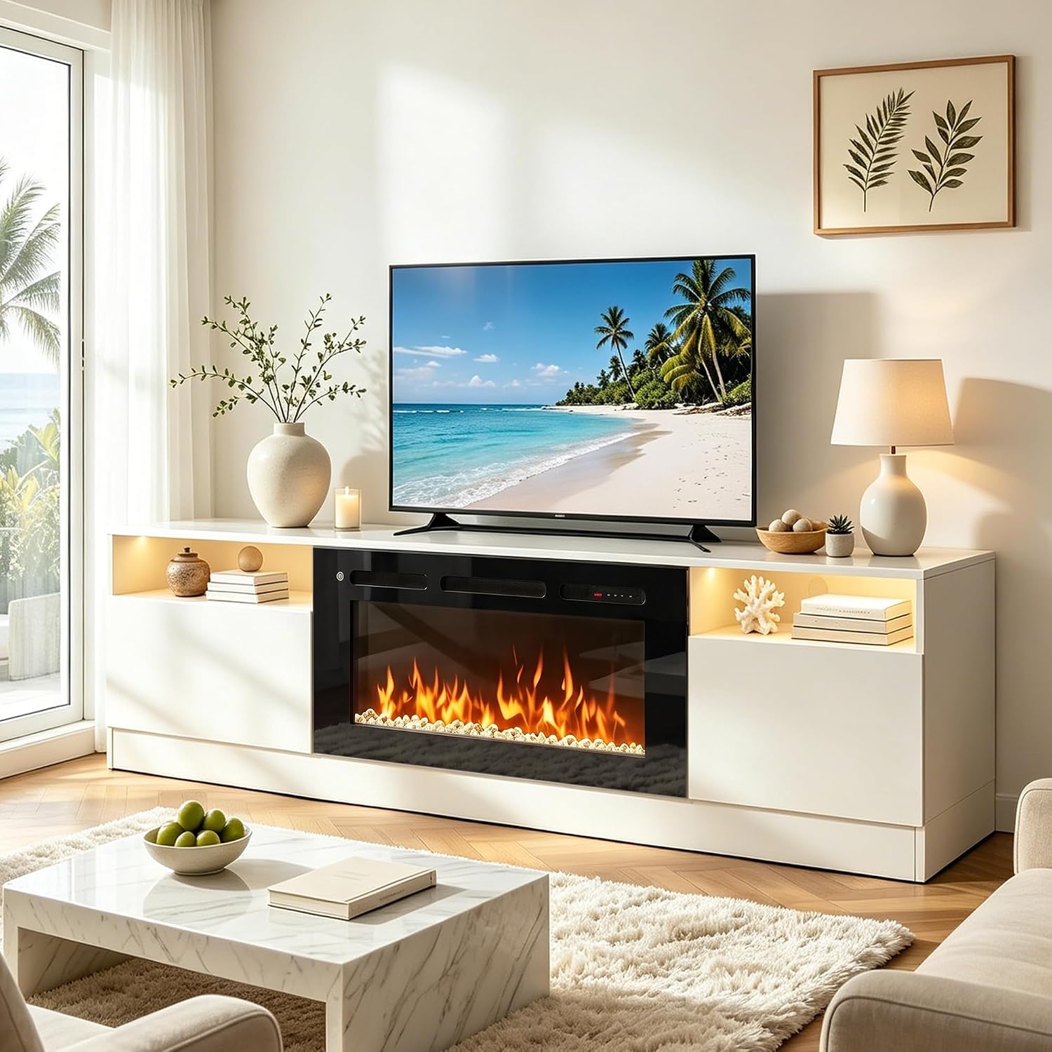 MXV Fireplace TV Stand with 36'' Electric Fireplace Up to 90" TVs, LED Light Entertainment Center, Modern Wood Texture Entertainment Stand with Highlight Storage Cabinet, White-Black1