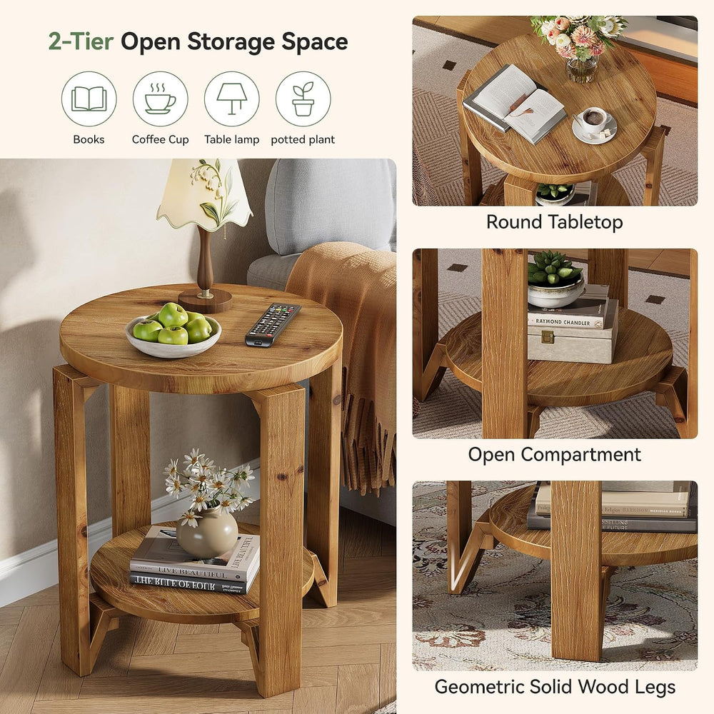 Solid Wood End Table, 2-Tier Round Wood Side Table for Living Room, Farmhouse...
