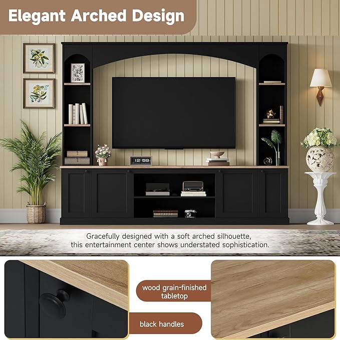 Farmhouse Arched Entertainment Center Wall Unit with Bookshelf, Large TV Stand with Wood Grain for TVs Up to 70", 91inch Media Console with Adjustable Shelves for Living Room (Black/F1)