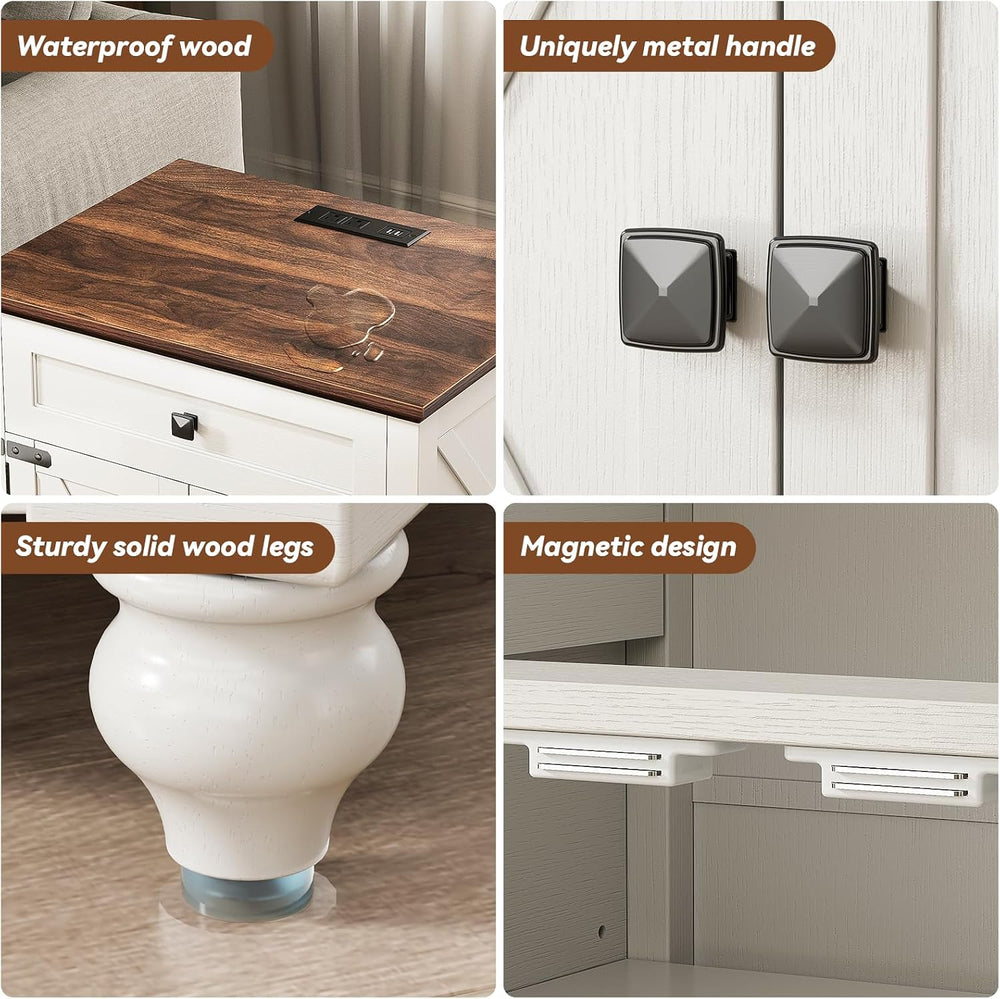 Farmhouse End Table with Charging Station, 24inch White Nightstand with Door ...