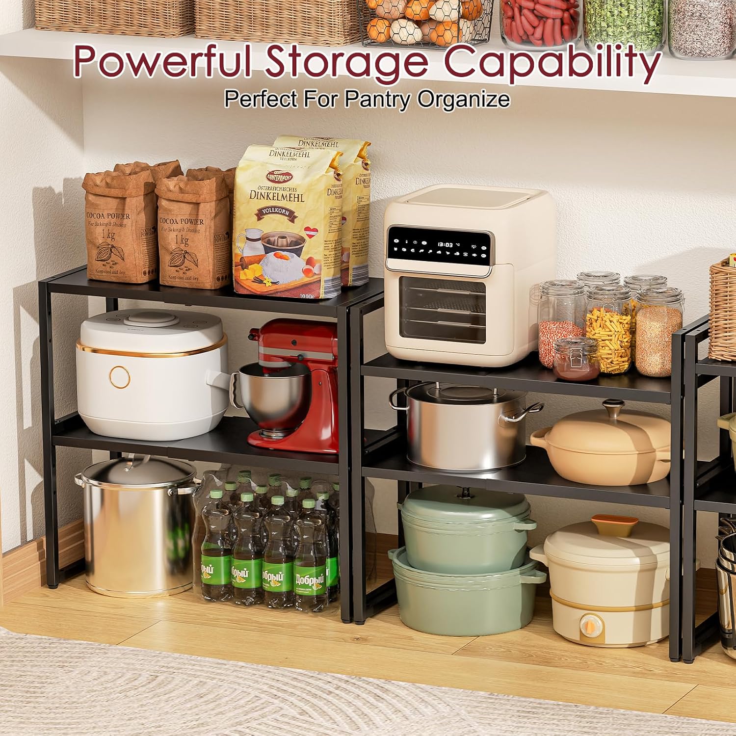 Expandable Kitchen Storage Shelves,110LBS Heavy Duty Metal Garage Shelving Units For Pot Pans Appliance,Adjustable Small Storage Shelf Rack Organizer For Kitchen Countertop Under Cabinet Garage Pantry