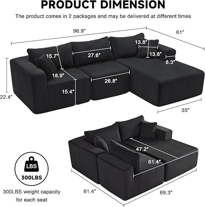 97" Modular Sectional Sofa, L-Shaped Boneless Couch with Deep Seat, Cozy Cloud Couch Sectional with Convertible Ottoman, Modern Sectional Couches for Living Room（ Black）