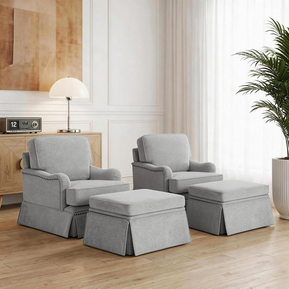 Swivel Accent Chairs Set of 2 with Ottoman, Light Gray