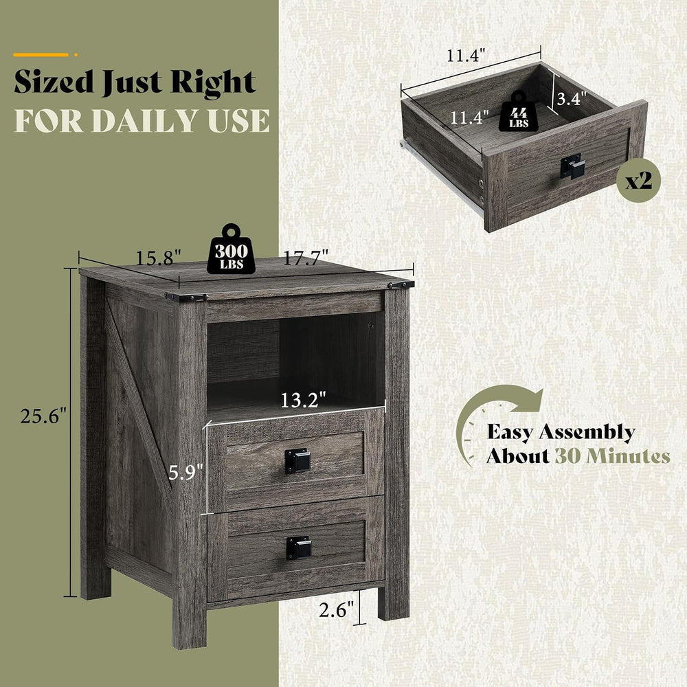AMERLIFE Farmhouse Wood Nightstand Set of 2, End Table with Drawers, Grey | N...