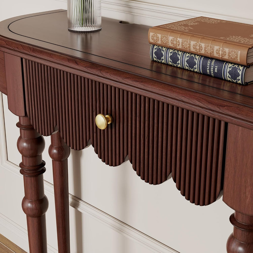Solid Wood Console Table with Drawer – Dark Walnut Entryway Table with Scallo...
