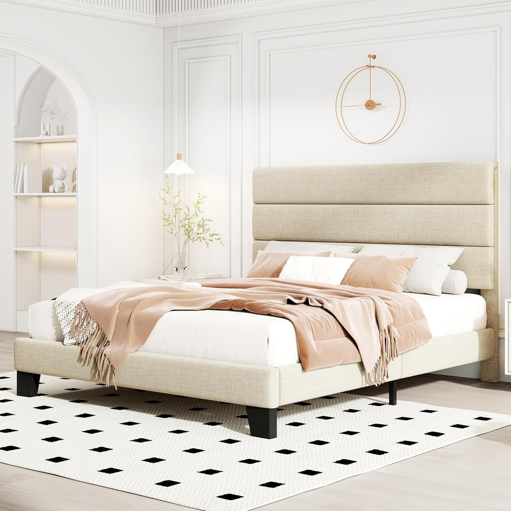HOOMIC Queen Size Bed Frame with Headboard, Fabric Upholstered Platform Bed w...
