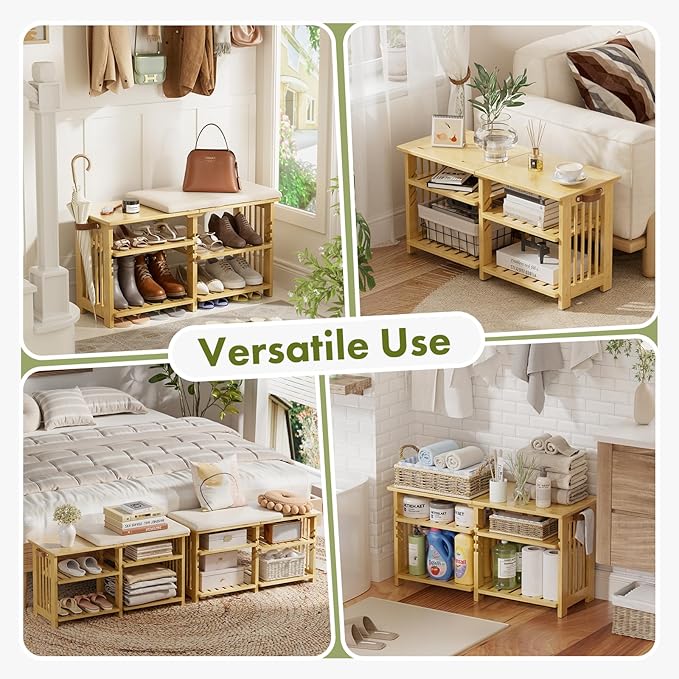 Amazer Bamboo Shoe Rack Bench, 3-Tier Shoe Bench Height Adjustable, Entry Ben...