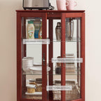 44" Small Lighted Glass Accent Curio Cabinet, Vintage China Cage with 2 Tempered Glass Doors & Adjustable Shelves, Acrylic Mirrored Pane, Elegant Wine Artwork Showcase Rack for Living Room (Cherry)