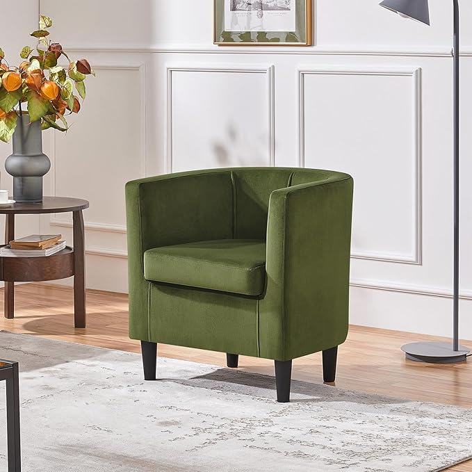 Yaheetech Velvet Accent Chair, Modern and Comfortable Armchairs, Upholstered Barrel Sofa Chair for Living Room Bedroom Waiting Room, Olive Green