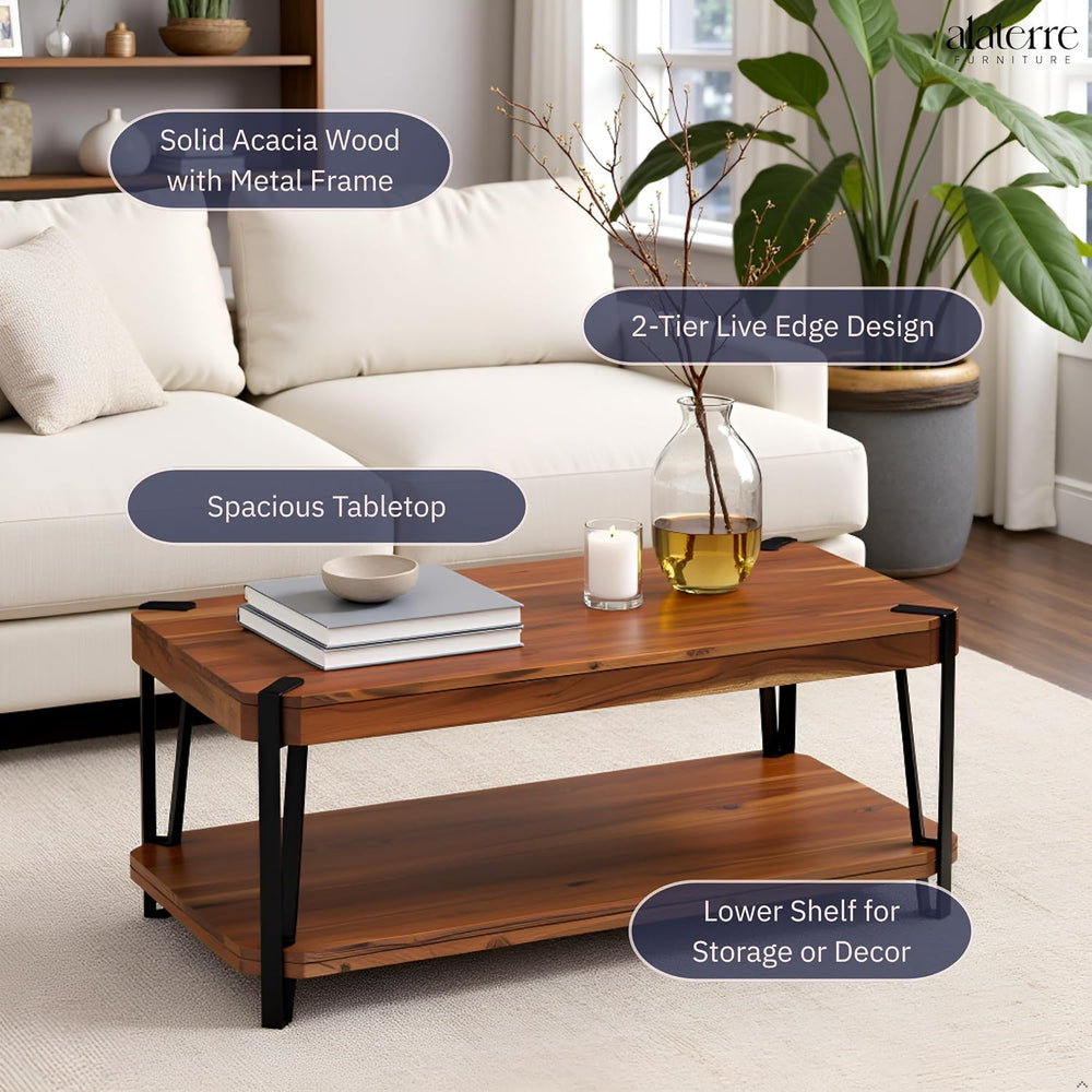 Ryegate 42-Inch Coffee Table – Solid Acacia Wood Live Edge Top with Lower She...