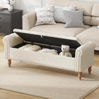 Furniliving 63” End of Bed Bench, Bedroom Bench with Button-Tufted, Large Upholstered Storage Ottoman Benches Entryway Bench with Storage Shoe Cabinet Bench, for Bedroom, Living Room, Linen, Beige
