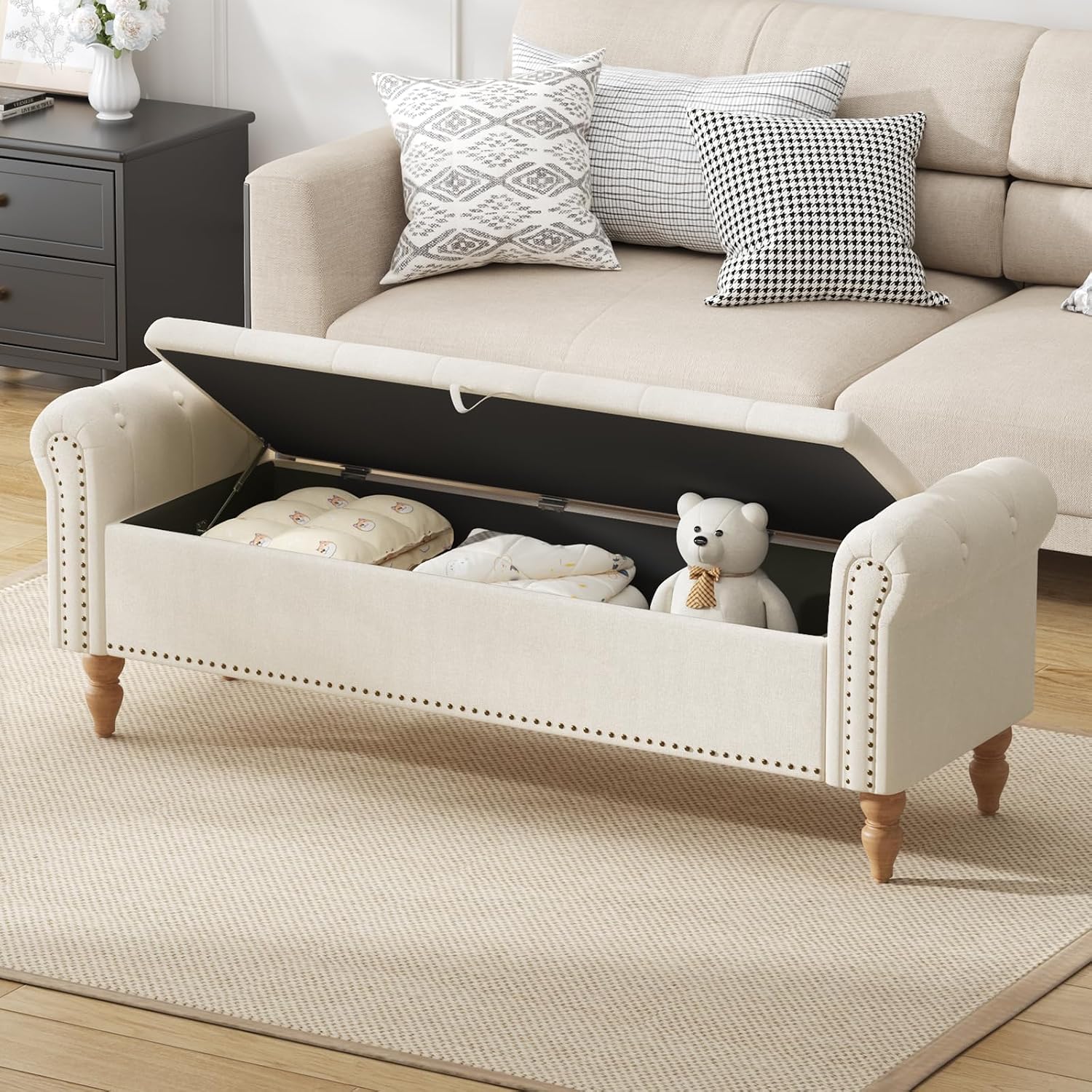 Furniliving 63” End of Bed Bench, Bedroom Bench with Button-Tufted, Large Upholstered Storage Ottoman Benches Entryway Bench with Storage Shoe Cabinet Bench, for Bedroom, Living Room, Linen, Beige