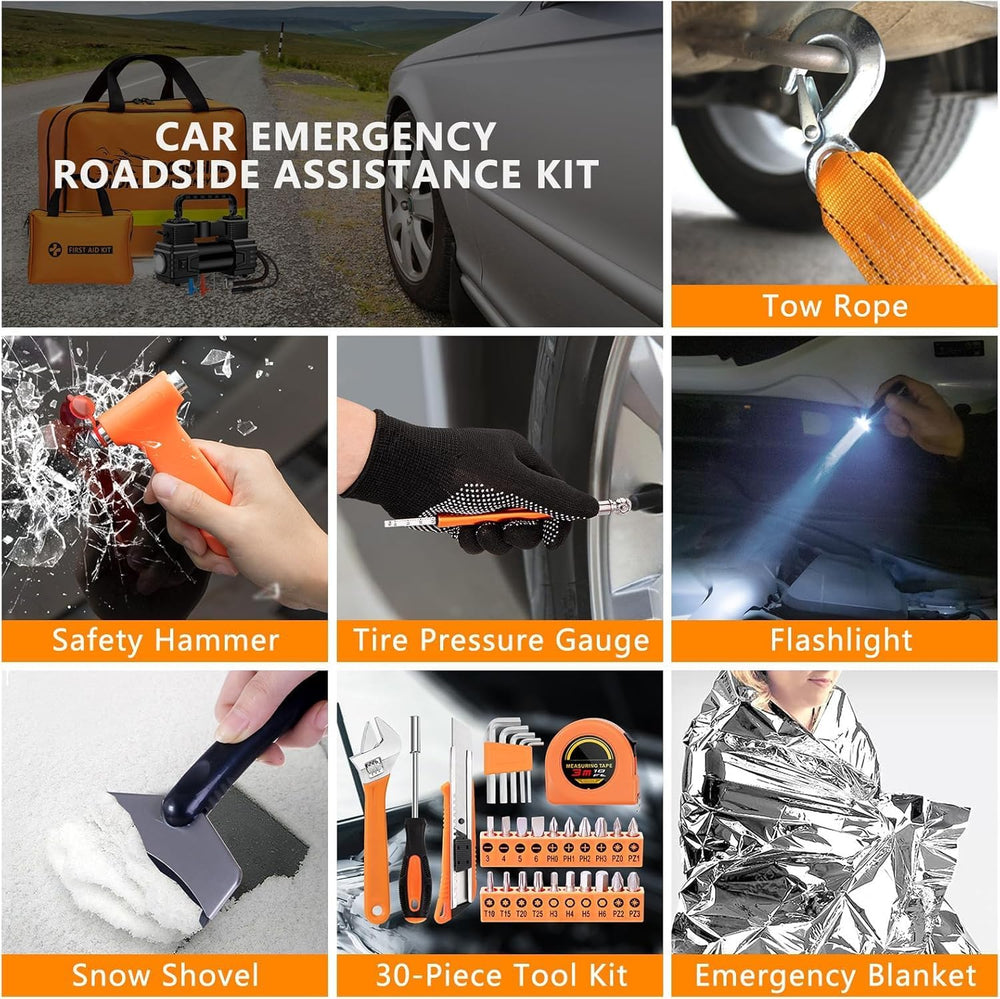 Car Emergency Kit with Portable Air Compressor - Roadside Assistance Emergenc...