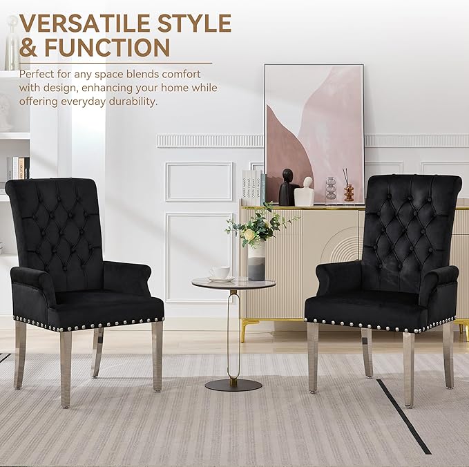 Velvet Dining Chair with Arms, Upholstered Tufted High Back Dining Room Chairs, Accent Armchair with Chrome Leg and Nailhead Trim, Kitchen Dining Living Room, Black