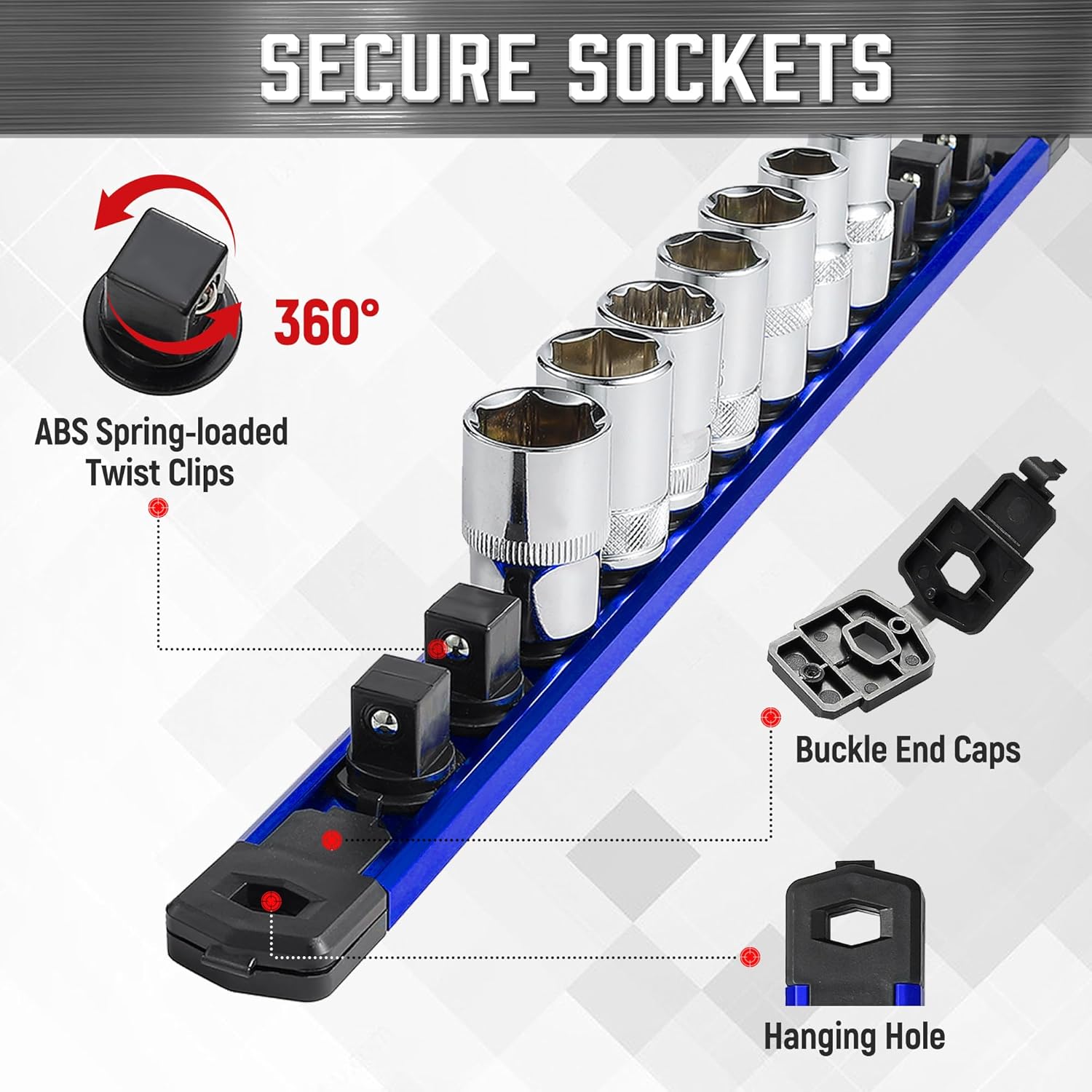 ALOANES 3-Piece Magnetic Socket Organizer, Heavy Duty Aluminum Socket Rails Organizer, 360° Swivel Clips Socket Holder Kit for Tool Box, 1/4-Inch Socket Holder x 42 Clips (Blue)