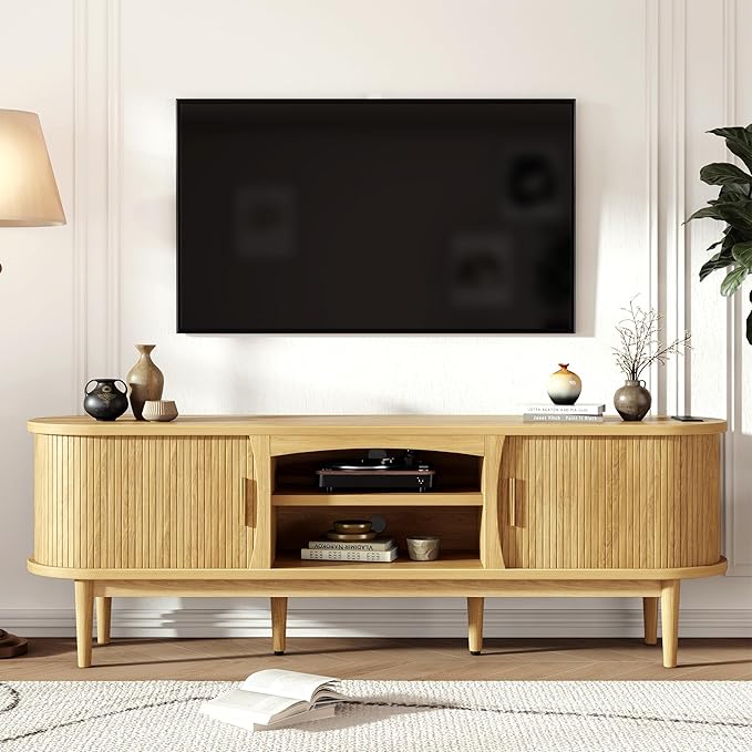 Mid Century TV Stand for TVs up to 80 Inches, Entertainment Center with Storage, Power Outlet, Fluted Sliding Doors & Adjustable Shelves, Modern Media TV Console Table for Living Room (Oak)