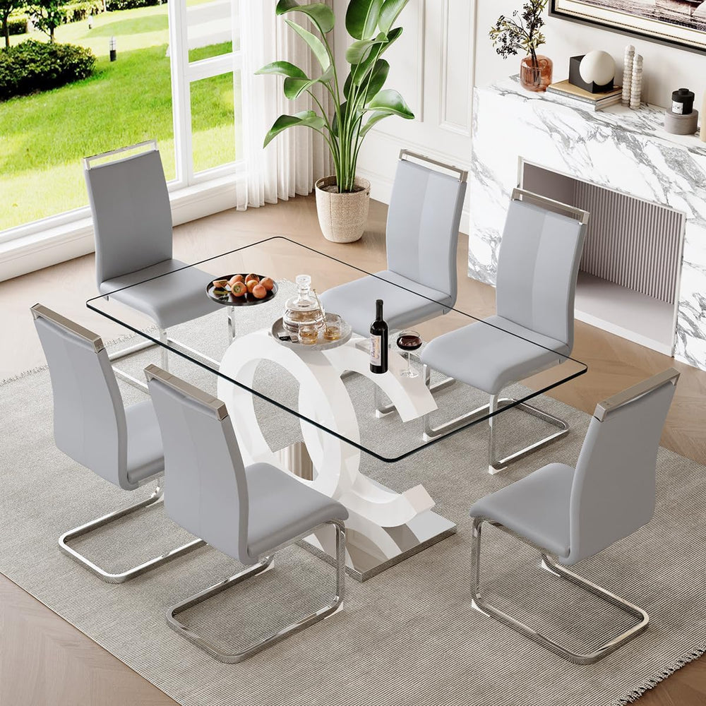 gopop Dining Table Set for 6, 7-Piece Glass Table with 6 PU Leather Chairs | ...