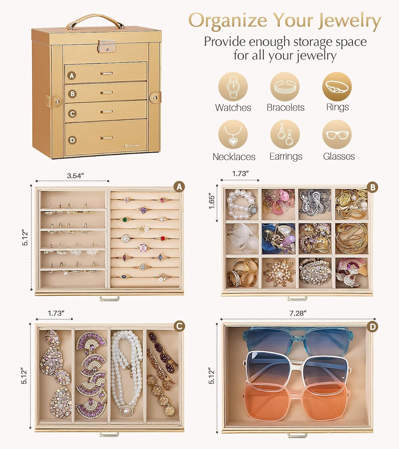 Homde Synthetic Leather Huge Jewelry Box Mirrored Watch Organizer Necklace Ring Earring Storage Lockable Gift Case (Gold)